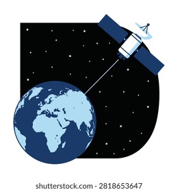 Illustration of a satellite in orbit around the Earth with a starry night sky background