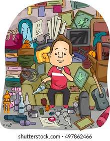 Illustration of a Satisfied Man Surrounded by a Stockpile of Random Items He Collected Over the Years