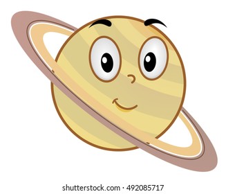 Illustration of a Saturn Mascot Featuring a Smiling Yellow Planet Enveloped by Large Rings