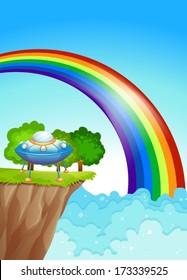 Illustration of a saucer at the cliff and a rainbow in the sky