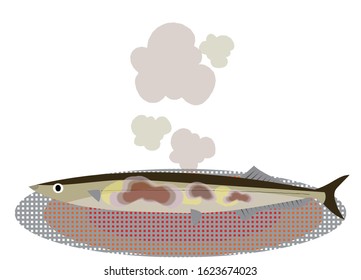 Illustration of saury baking with net