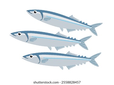 Illustration of saury swimming in a group