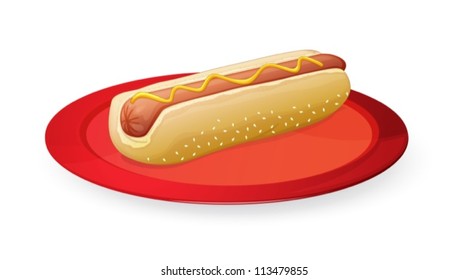 illustration of sausage in bread in plate on a white background