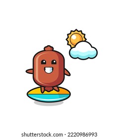 Illustration of sausage cartoon do surfing on the beach , cute design