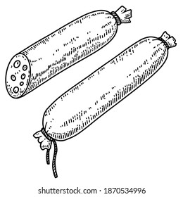 Illustration of sausage in engraving style. Design element for poster, card, banner, sign. Vector illustration