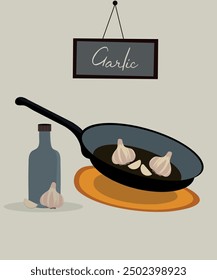  Illustration with Sausage and Garlic at Frying Pan, Banner