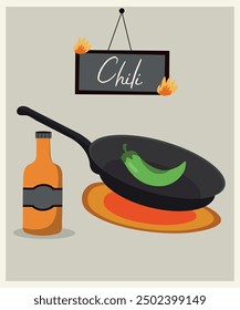 Illustration with Sausage and Green Chile Pepper at Frying Pan, Banner