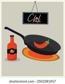  Illustration with Sausage and Red Chile Pepper at Frying Pan, Banner