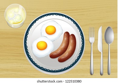 Illustration of sausages and eggs on a wooden table