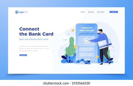 Illustration of save and connect bank card to financial mobile application, Synchronize bank card to mobile app concept