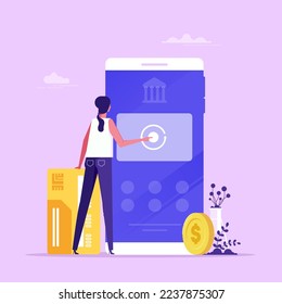Illustration of save and connect bank card to financial mobile application, Synchronize bank card to mobile app concept