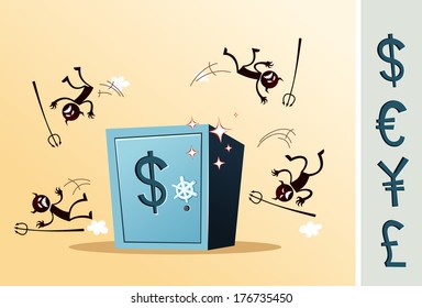 illustration of save deposit box protected from thief, which is symbolized as devil. alternative currency symbol is available.