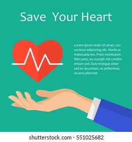 Illustration of save heart with heartbeat concept. Protection of heart from disease and illness. Hand holding heart. Medical icon. Flat defibrillator vector illustration.