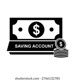 Illustration of a saving account with a dollar bill and stacked coins.