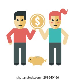 Illustration of saving couple concept with coin and piggy bank