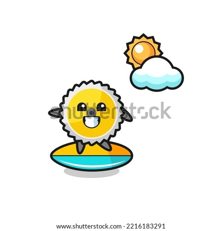 Illustration of saw blade cartoon do surfing on the beach , cute design
