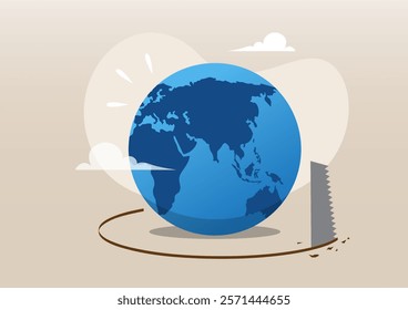 An illustration of a sawing globe falling from the floor is a metaphor for danger and threats. World economic crisis from war and geopolitical problems or threats, global warming destroying world