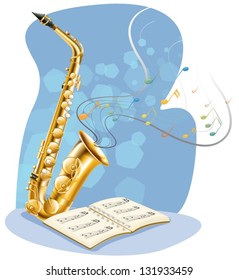 Illustration of a saxophone with a musical book on a white background