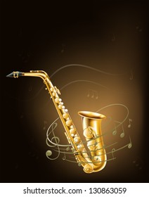 Illustration of a saxophone with musical notes