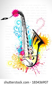 illustration of saxophone on abstract floral background