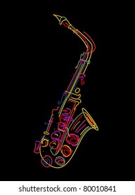 Illustration of a saxophone over black
