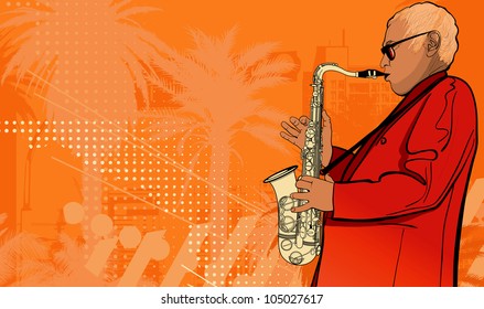 Illustration of a saxophonist on a grunge background