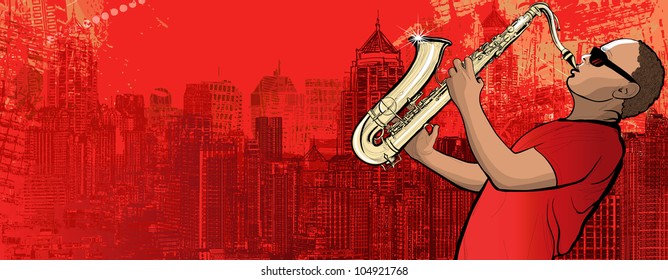 Illustration of a saxophonist on a grunge cityscape background