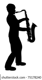 illustration with saxophonist silhouette isolated on white background