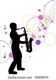 illustration with saxophonist silhouette on music background