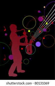 illustration with saxophonist silhouette on music background