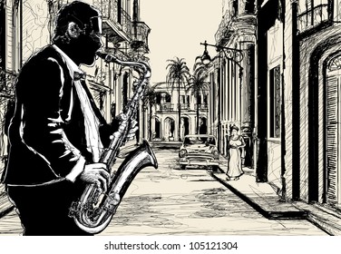 Illustration of a saxophonist in a street of Cuba