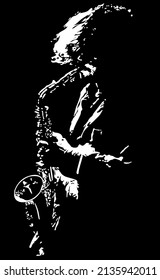 ilustración de saxofonista con punto blanco sobre fondo negro