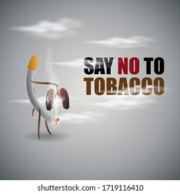 Ilustración para decir no al tabaco, concepto para el día mundial no del tabaco, Ilustración muestra la caricatura de un cigarrillo sosteniendo los pulmones humanos y llenándose de humo en un fondo humeante.  