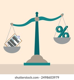 Illustration of a scale balancing a clipboard with documents and a percentage symbol, representing legal and financial considerations.