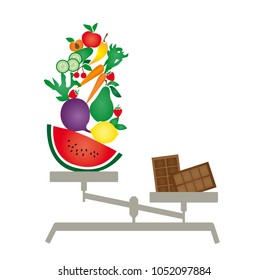 Illustration of a scale with fruits and vegetables versus chocolate on white background
