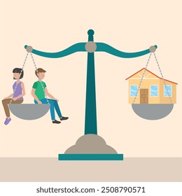 Illustration of a scale with a man and woman on one side and a house model on the other, symbolizing the balance between individuals and home ownership.