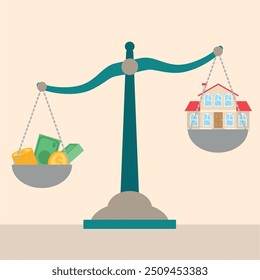 Illustration of a scale with money and coins on one side and a house model on the other, symbolizing real estate investment and value.