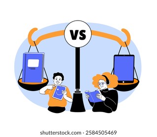 Illustration of a scale weighing books against digital tablets, with people reading in different formats. Concept of traditional vs digital learning