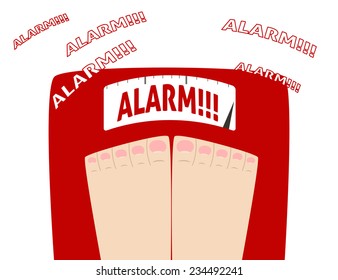 Illustration of scale weight. Flat style vector of scales with foot. Woman weighed and sees lettering alarm