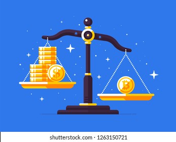 Illustration of a scales in flat style. One bowl has a lot of dollar coins. The other has one bitcoin. Cryptocurrency, digital banking, exchange rates.