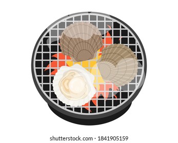 Illustration of scallops grilled on a shichirin.