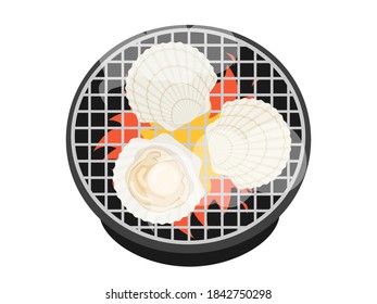 Illustration of scallops grilled on a shichirin.