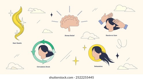 Illustration of scalp massage benefits including stress relief, hair health, and relaxation, in neubrutalism style collection.