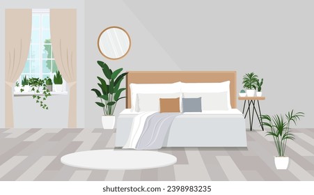 Illustration of a Scandinavian bedroom interior with plants on the window.