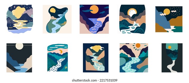 Illustration in Scandinavian style. beautiful background. Flat abstract design. Mountain view, river view. Mountains, clouds, sun, moon. Vector illustrations.