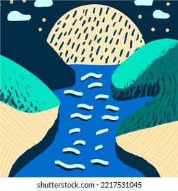 Illustration in Scandinavian style. beautiful background. Flat abstract design. Mountain view, river view. Mountains, clouds, sun, moon. Vector illustrations.