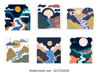 Illustration in Scandinavian style. beautiful background. Flat abstract design. Mountain view, river view. Mountains, clouds, sun, moon. Vector illustrations.