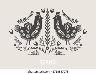 Illustration in scandinavian style with bird and floral elements: flowers, leaves, branches. Folk art. Vector nordic background with ornaments. Home decorations. Black and white.