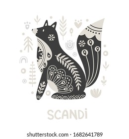 Illustration in scandinavian style with fox and floral elements: flowers, leaves, branches. Folk art. Vector nordic background with ornaments. Home decorations. Black and white.