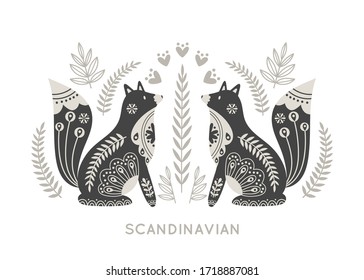 Illustration in scandinavian style with fox and floral elements: flowers, leaves, branches. Folk art. Vector nordic background with ornaments. Home decorations. Black and white.